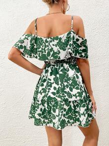 SHEIN VCAY Floral Print Cold Shoulder Ruffle Trim Belted Dress - Green - View 2