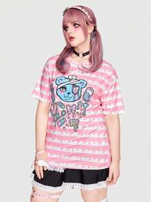 ROMWE Kawaii Plus Cartoon Graphic Round Neck Drop Shoulder Tee - Multicolor - View 6