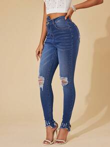 SHEIN BAE High Waist Ripped Raw Hem Skinny Jeans - Medium Wash - View 5