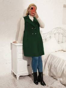 Calvaya 大碼西裝領雙排釦斜插口袋無袖外套 - 墨綠色 - 查看 5