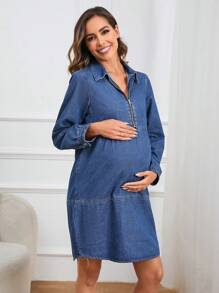 SHEIN Maternity Quarter Zip Denim Dress
