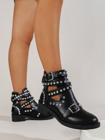 Fall/Winter Women's European & American Style Black Leather Rivet Thick Platform Hollow Short Boots, Waterproof Anti-Slip, Outdoor Vintage British Style Round Toe Motorcycle Roman Boots,Boots For Women