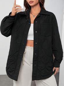 SHEIN EZwear Drop Shoulder Quilted Coat - Black - View 4