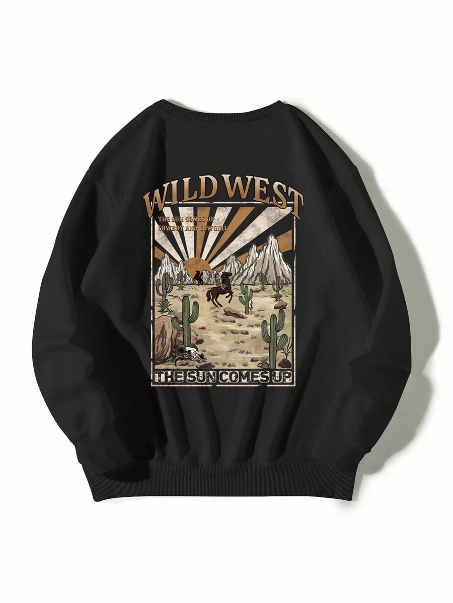 SHEIN Unity 山和字母圖案加絨內裏運動衫 - 黑色 - 查看 1