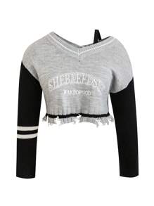 Calvaya Plus Letter Pattern Colorblock Drop Shoulder Distressed Crop Sweater Knit Pullover Fall Winter Sweater - Grey - View 1