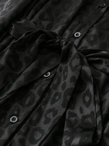Flouryn Plus Leopard Jacquard Belted Satin Shirt Fall Cloth For Women - Black - View 5