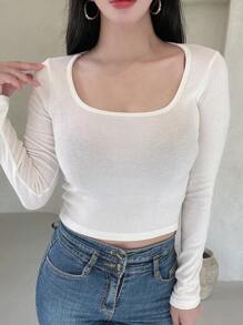 DAZY Áo thun cổ tròn trơn, quần áo mùa thu tay dài cho nữ - trắng - Xem 7