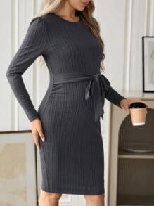 SHEIN Maternity Solid Belted Bodycon Dress - Grey - View 6