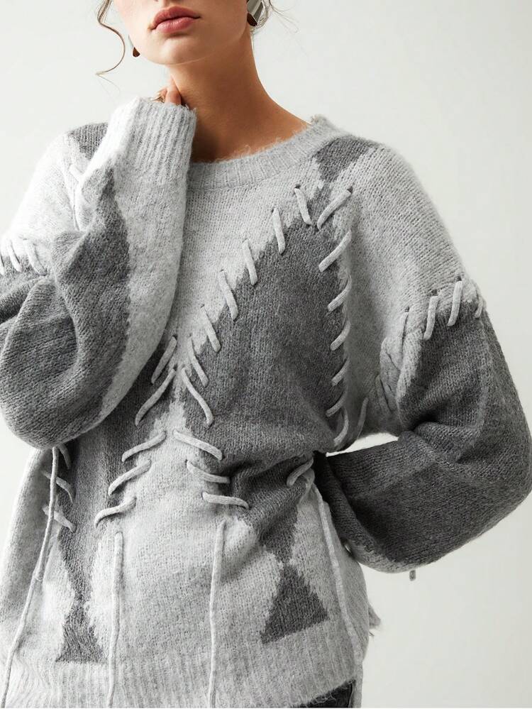 Autumn/Winter Colorblock Diamond Textured Handmade Knit Casual Crew Neck Pullover Sweater For Women
