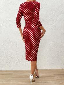 SHEIN Clasi Impressão De Bolinhas Split Thigh Com Cinto Vestido Bodycon