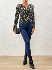 SHEIN Clasi Ditsy Floral Print Notched Neck Blouse - Black - View 3