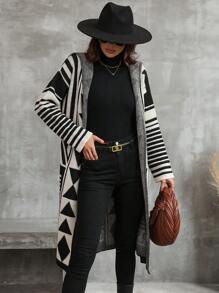 EMERY ROSE Geo Pattern Drop Shoulder Hooded Duster Cardigan - Multicolor - View 5