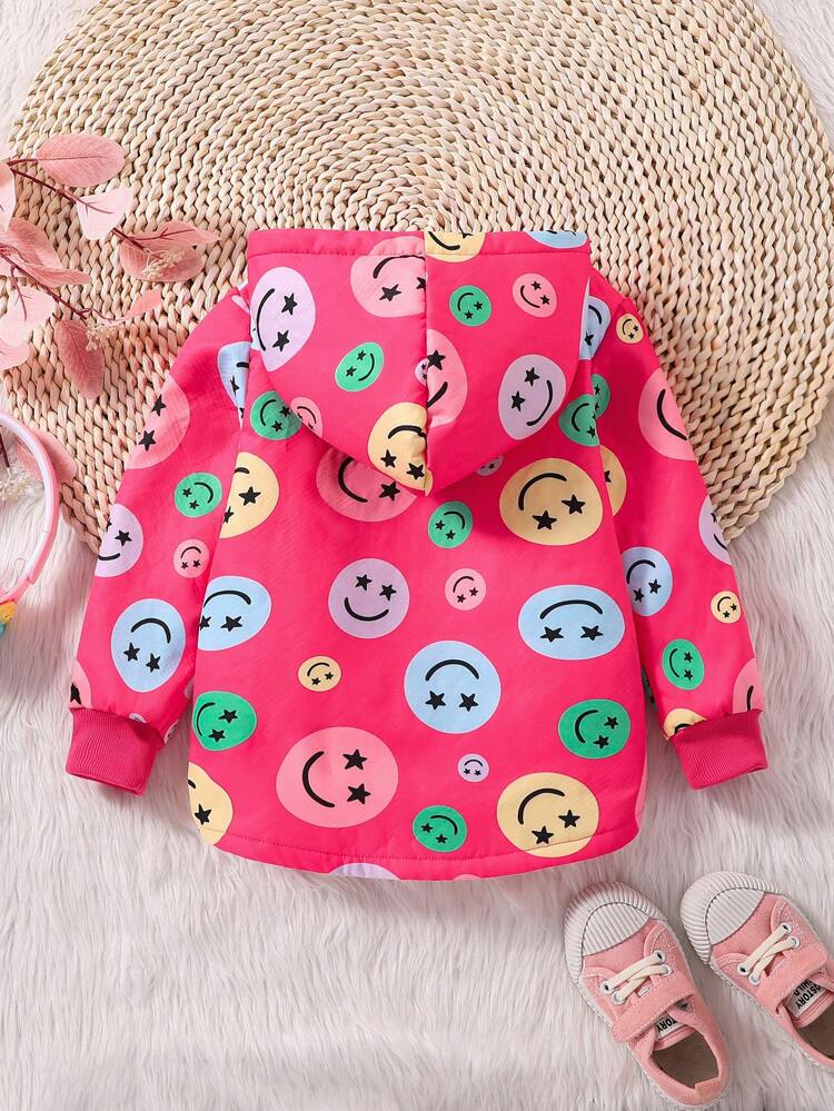 Young Girl Expression Print Button Front Hooded Teddy Lined Coat