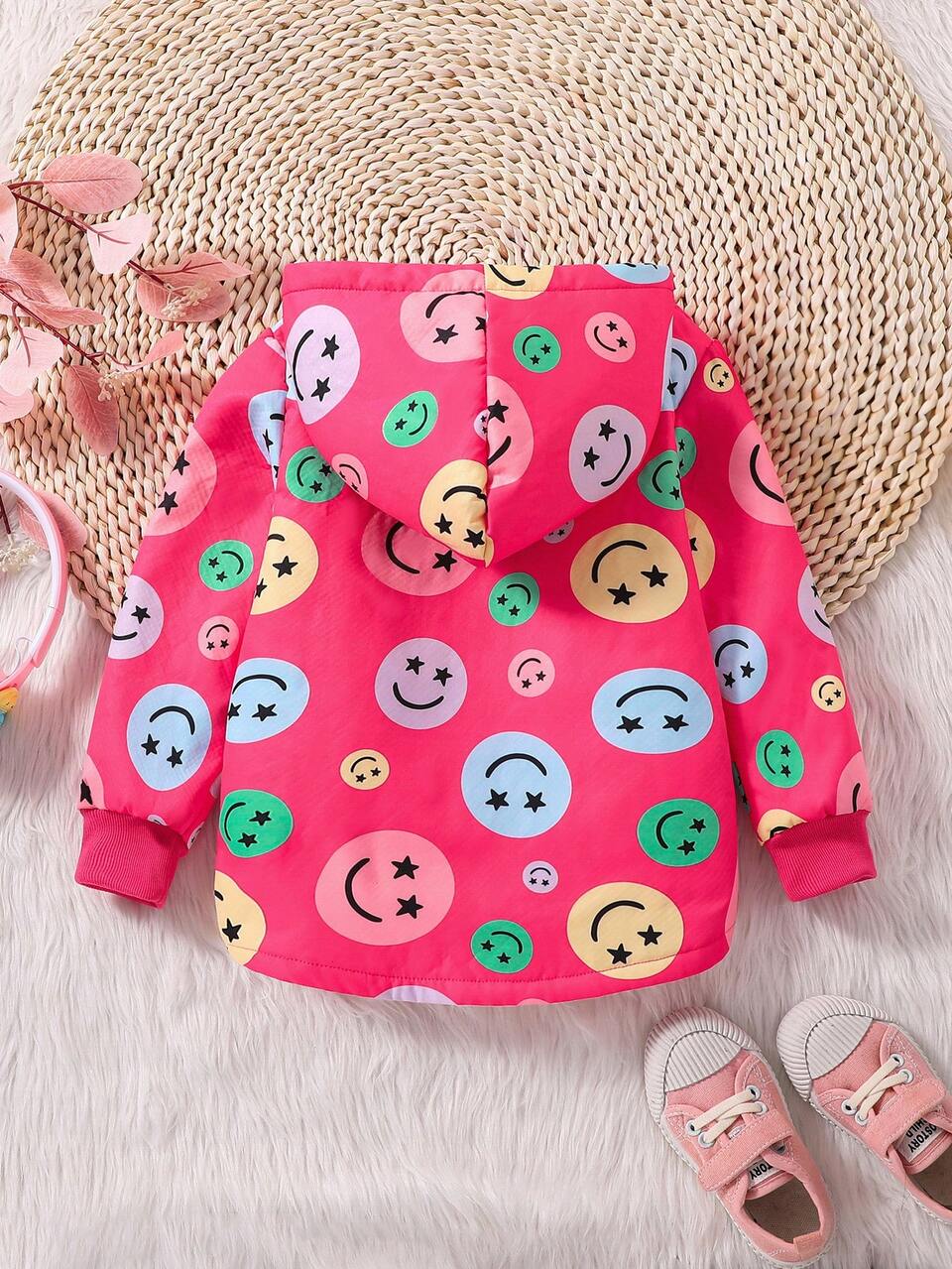 Young Girl Expression Print Button Front Hooded Teddy Lined Coat