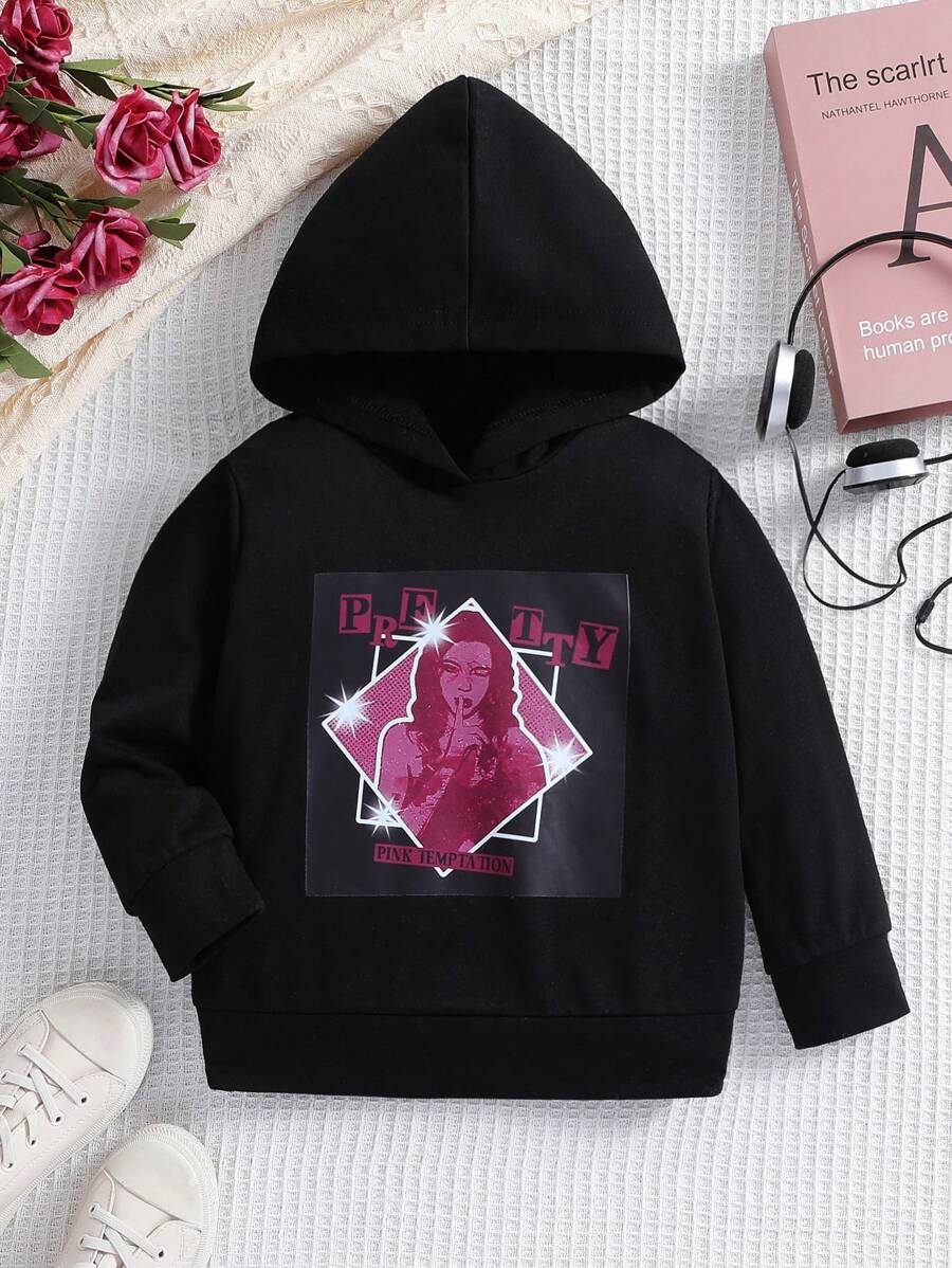 SHEIN Sudadera con estampado de letras y figuras para niña - Negro - Ver 1