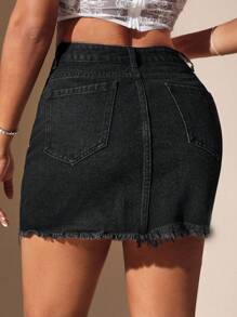 SHEIN BAE Váy denim có viền thô chi tiết kim cương giả - màu đen - Xem 2