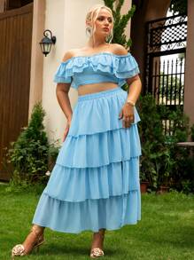 Glamaker 大碼一字肩荷葉邊上衣和裙子 - 藍色 - 查看 1