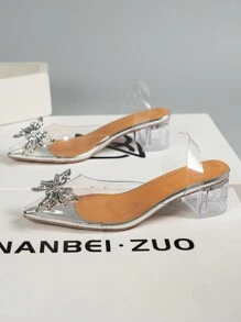 Butterfly & Rhinestone Decorated Women's High Heels With Transparent Strap And Crystal Heel, Female Fashion High-heel Shoes For Holiday - Silver - View 4