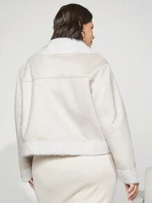 SHEIN BASICS Plus Zip Up Teddy Lined Moto Jacket - Apricot - View 2