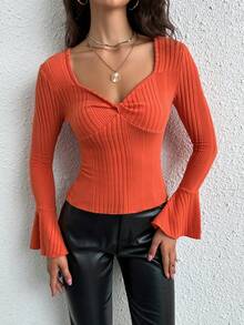 SHEIN Privé Sweetheart Neck Flounce Sleeve Tee - Orange - View 4