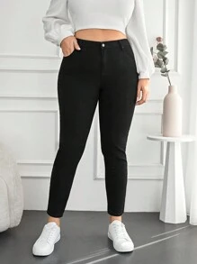 SHEIN Cottnline Plus Size  High Waist Skinny Jeans - Black - View 4