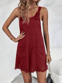 SHEIN LUNE Laser Cut Scallop Trim Dual Pocket Scallop Trim Cami Romper - Burgundy - View 3