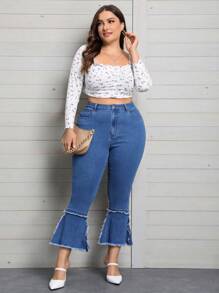 SHEIN Privé 大碼高腰毛邊緣牛仔喇叭褲 - 中等水洗藍 - 查看 3