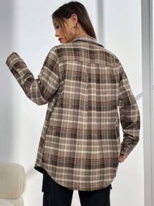 SHEIN Unity 格紋印花前紐扣外套 - 棕色 - 查看 2