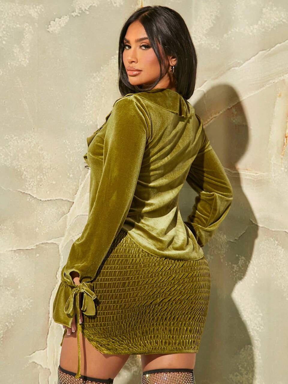 Ruffle Trim Knot Cuff Velvet Top & Bodycon Skirt