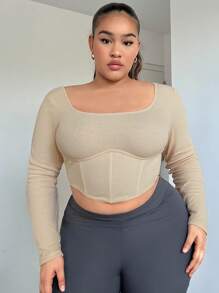 SHEIN SXY 大碼大圓領不對稱下擺短款T恤 - 卡其色 - 查看 1