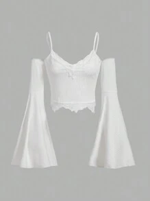 ROMWE Goth 蕾絲拼接挖肩上衣 - 白色 - 查看 1