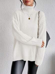 SHEIN Clasi Turtleneck Drop Shoulder Split Hem Sweater