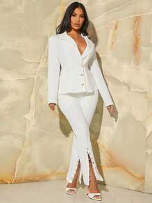 SHEIN SXY Lapel Neck Button Front Blazer & Split Hem Pants - White - View 5