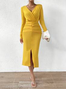 SHEIN Clasi Surplice Neck Split Thigh Ruched Bodycon Dress - Yellow - View 4
