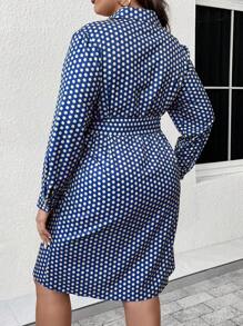 SHEIN Clasi Plus Polka Dot Print Knot Side Wrap Dress - Navy Blue - View 2