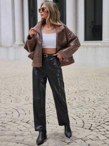 EURMUSE Drop Shoulder Zip Up PU Leather Jacket - Chocolate Brown - View 5