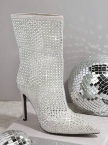 SHUZIA Rhinestone Decor Pointy Toe Stiletto Heeled Boots