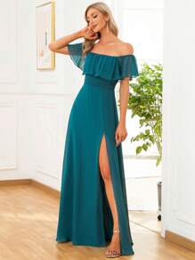Đầm phù dâu/dự tiệc cưới/lễ tốt nghiệp bằng chiffon, tay bồng trễ vai, xẻ tà bên hông. - Màu xanh ngọc - Xem 4