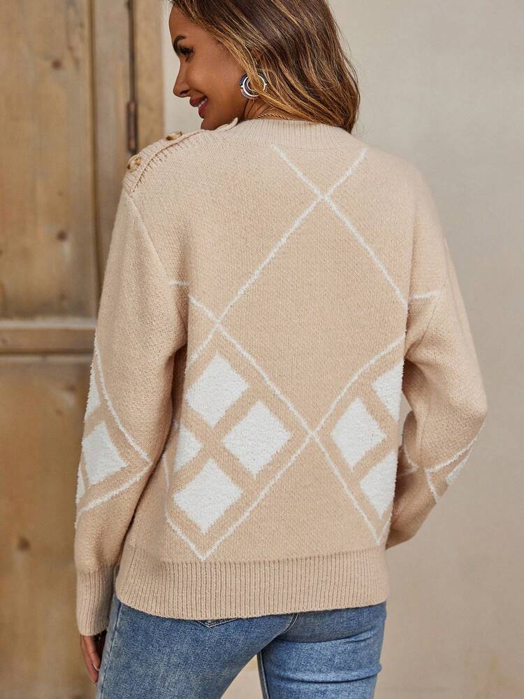 Argyle Pattern Drop Shoulder Knit Pullover Fall Winter Sweater