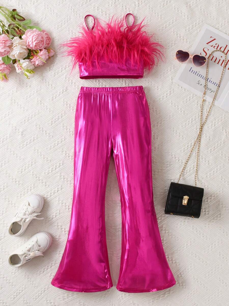 SHEIN Sparklyn Tween Girl Fuzzy Trim Cami Top & Flare Leg Pants