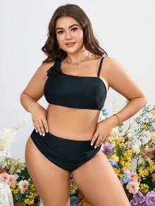 SHEIN Swim Curve 加鑲飾褶皺比基尼套裝 - 黑色 - 查看 4