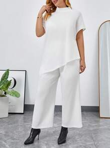 SHEIN Privé Plus Mock Neck Asymmetrical Hem Tee & Wide Leg Pants
