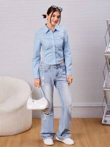 SHEIN Teen Girl Ruched Button Front Shirt - Baby Blue - View 5