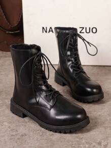 女性時髦,簡約風,舒服的繫帶摩托靴子 - 黑色 - 查看 1