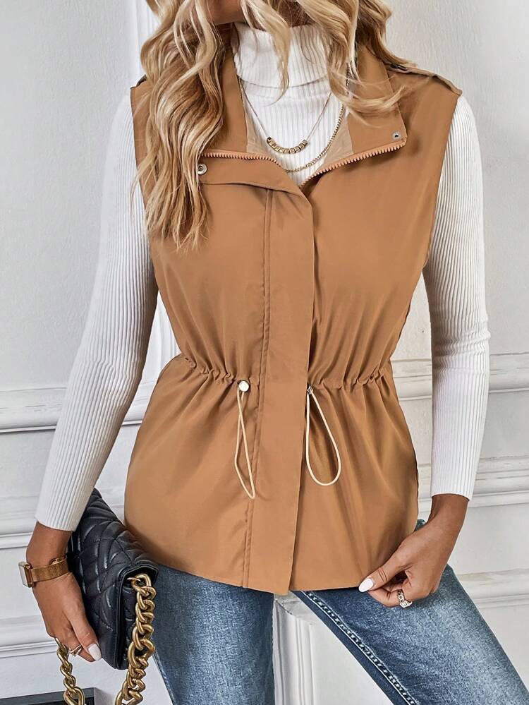 Drawstring Waist Zip Up Vest Coat