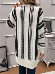 SHEIN LUNE Striped Pattern Dual Pocket Drop Shoulder Duster Cardigan - Black and White - View 2