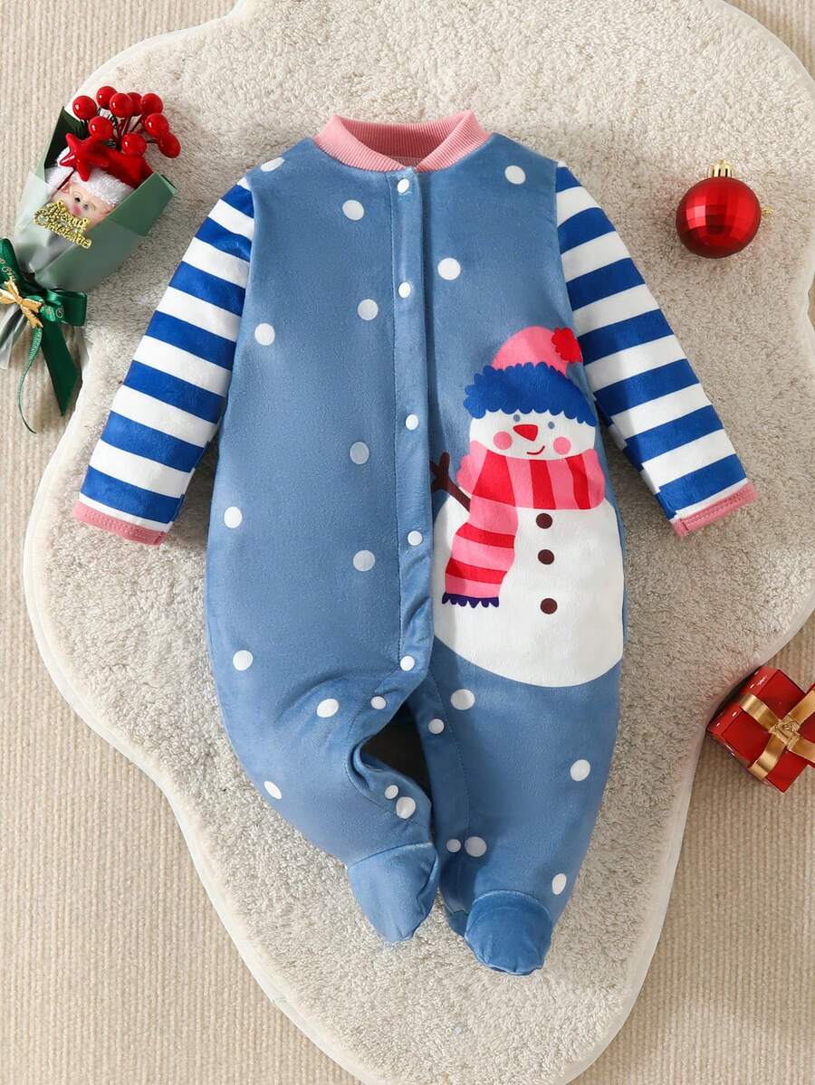 SHEIN Baby Girl Striped & Snowman Print Baseball Collar Button Front Sleep Jumpsuit - Multicolor - View 1
