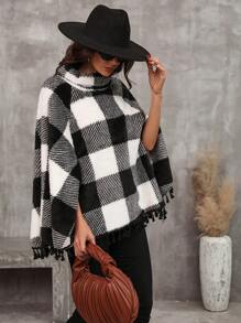 SHEIN LUNE 格紋印花流蘇邊斗篷外套 - 彩色 - 查看 5