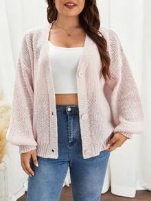 SHEIN Frenchy Plus Drop Shoulder Button Front Cardigan - Pink - View 6