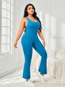 SHEIN Sports 大碼鏤空露背喇叭運動連體褲 - 薄荷藍 - 查看 5